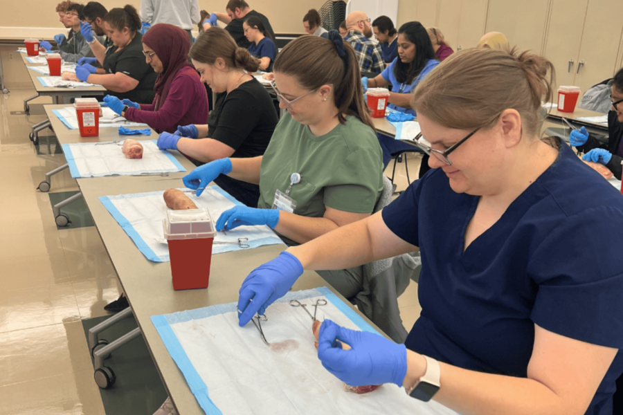 The residents sharpened their skills with a suture and skin biopsy workshop.