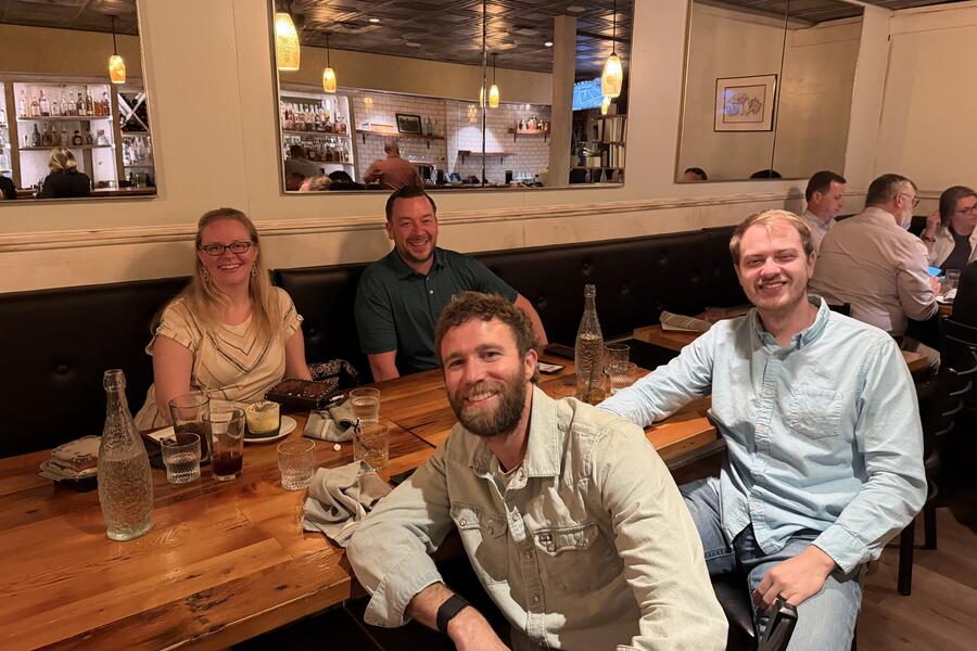 Program Director Collin Smith, DO, program coordinator Emily Brown and the program’s first two trainees — Austin Bennett, DO, FAWM, and incoming fellow Patrick Sawyers, DO — enjoyed connecting over dinner at 1010 Bridge to discuss the program.