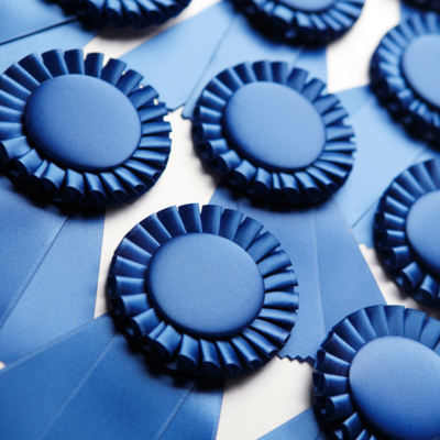 Array of blue ribbons